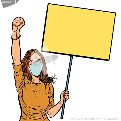 Image of woman in medical mask protests with a poster. isolate on white b