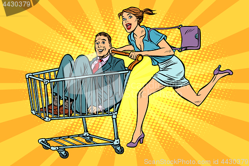 Image of pop art woman with man in a shopping trolley