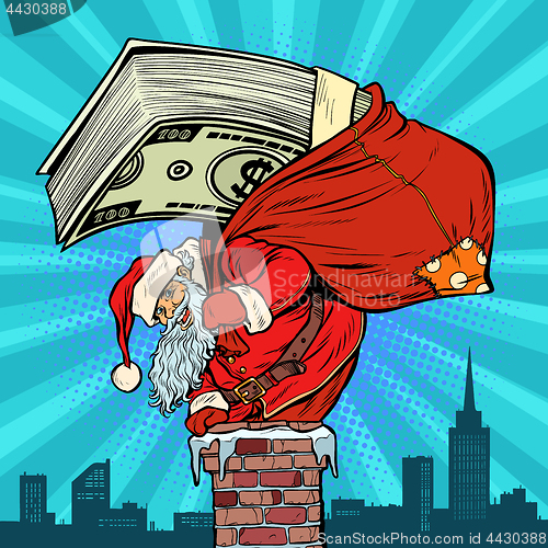 Image of Money cash dollars. Santa Claus with gifts climbs into the chimn
