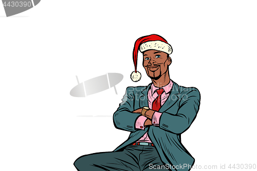 Image of pop art African businessman in a Christmas hat