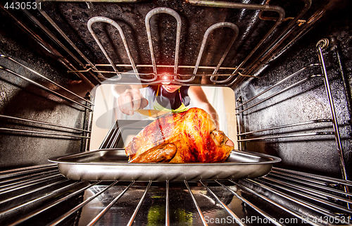 Image of Cooking chicken in the oven at home.