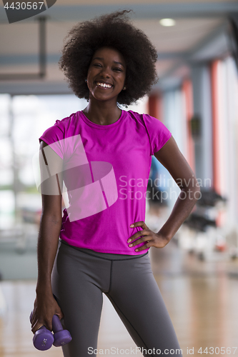 Image of woman working out in a crossfit gym with dumbbells