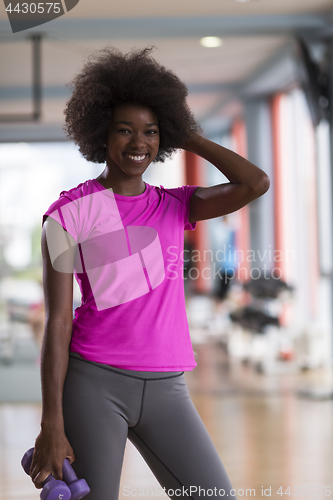 Image of woman working out in a crossfit gym with dumbbells