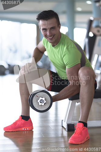 Image of handsome man working out with dumbbells