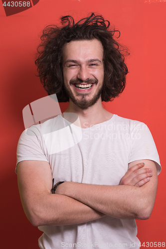 Image of young man with funny hair over color background