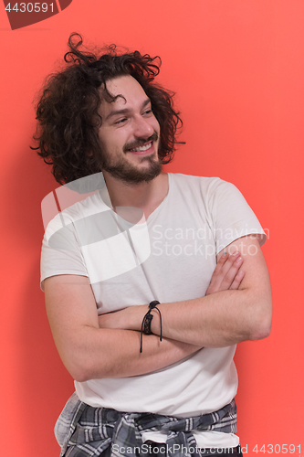 Image of young man with funny hair over color background