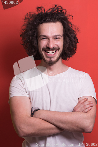 Image of young man with funny hair over color background