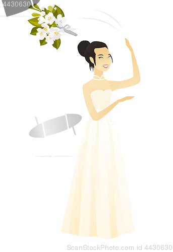 Image of Asian bride tossing a bouquet of flowers.