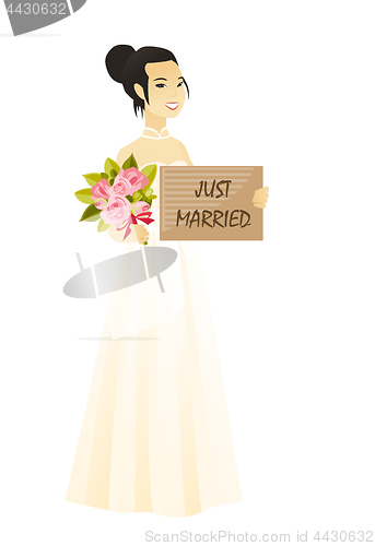 Image of Bride holding a plate with text just married.