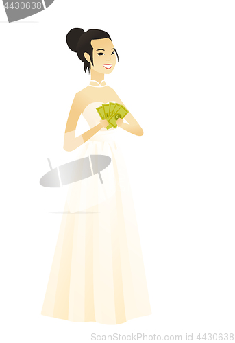 Image of Happy asian fiancee holding money.