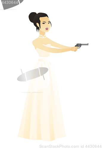 Image of Bride in a white wedding dress holding a handgun.