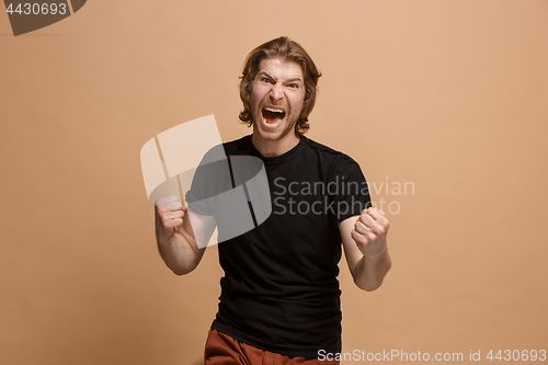 Image of Winning success man happy ecstatic celebrating being a winner. Dynamic energetic image of male model