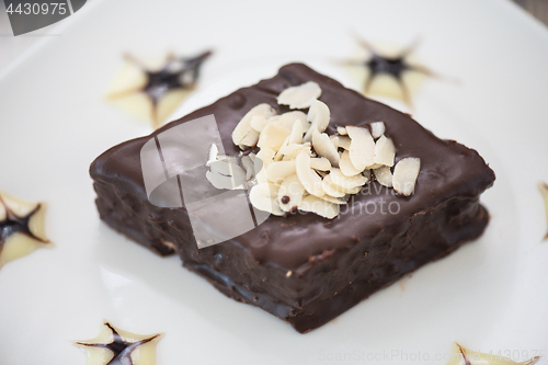 Image of Chocolate cake on white plate
