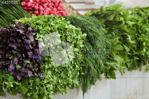 Image of Fresh organic herbs at oriental market