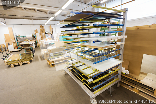 Image of boards storing at woodworking factory workshop