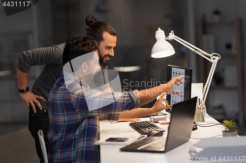 Image of creative team with computer working late at office