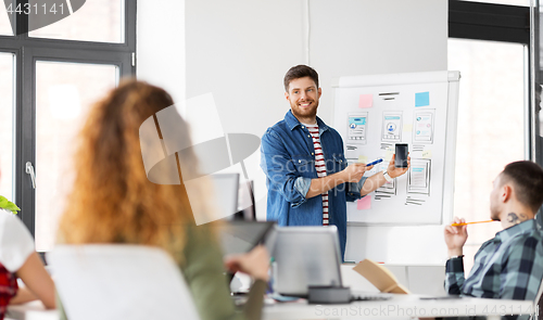 Image of man showing smartphone user interface at office