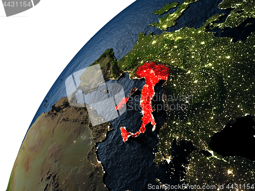 Image of Italy in red on Earth at night