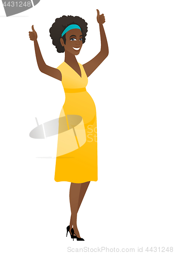 Image of Pregnant woman standing with raised arms up.