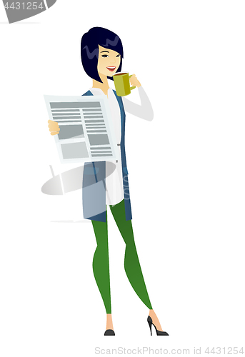 Image of Lady drinking coffee and reading news in newspaper