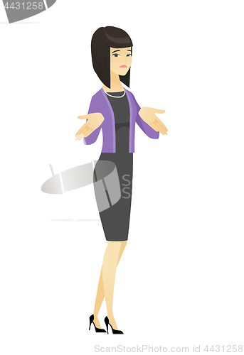 Image of Confused business woman shrugging shoulders.