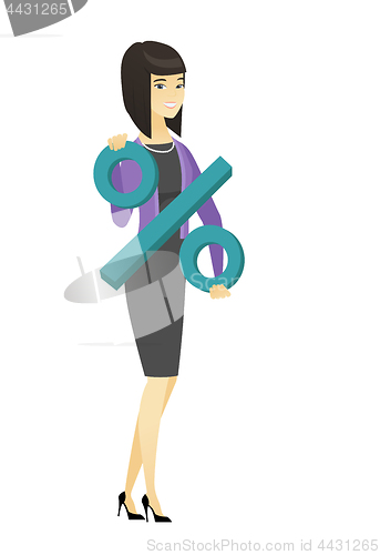 Image of Smiling business woman holding percent sign.