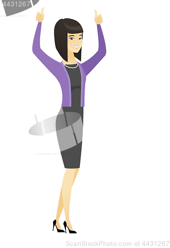 Image of Business woman standing with raised arms up.