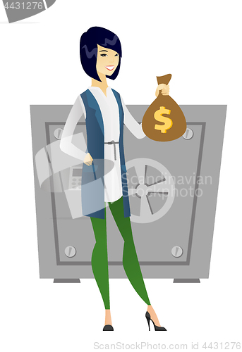 Image of Asian business woman holding a money bag.