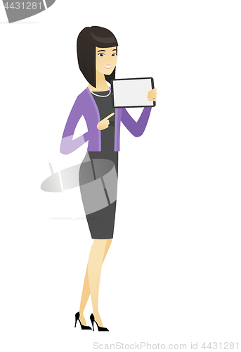 Image of Smiling business woman holding tablet computer.