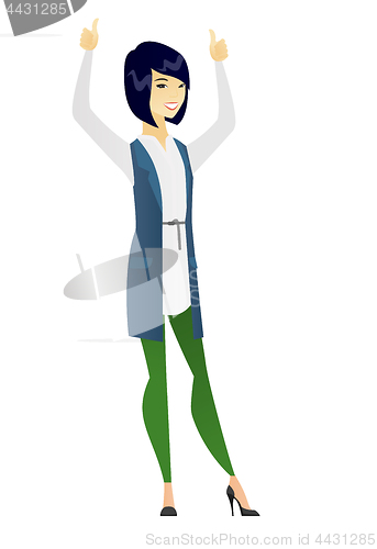 Image of Business woman standing with raised arms up.