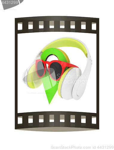 Image of Glamour map pointer in sunglasses and headphones. 3d illustratio