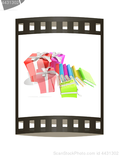 Image of Gifts and books. 3d illustration. The film strip.
