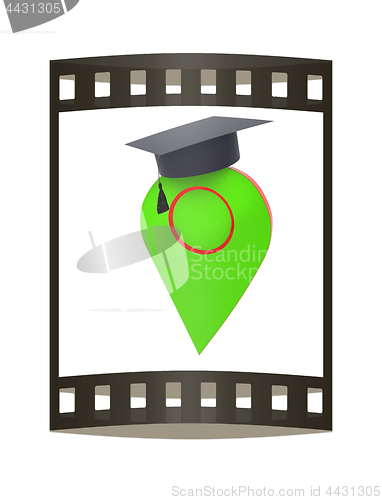 Image of Geo pin with graduation hat on white. School sign, geolocation a