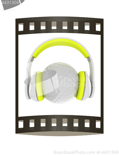 Image of Golf ball with headset or headphones. 3D rendering. The film str