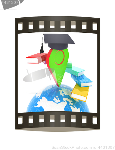 Image of Pointer of education in graduation hat with books around and Ear