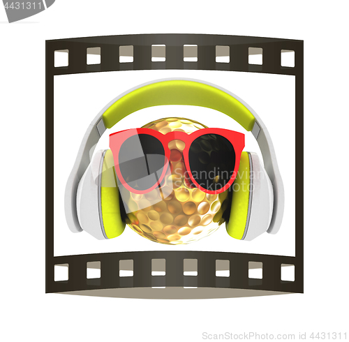 Image of Gold Golf Ball With Sunglasses and headphones. 3d illustration. 