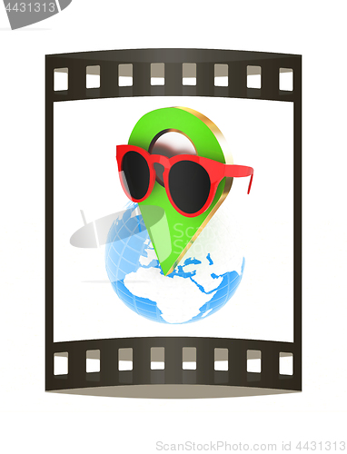 Image of Glamour map pointer in sunglasses on Earth. 3d illustration. The