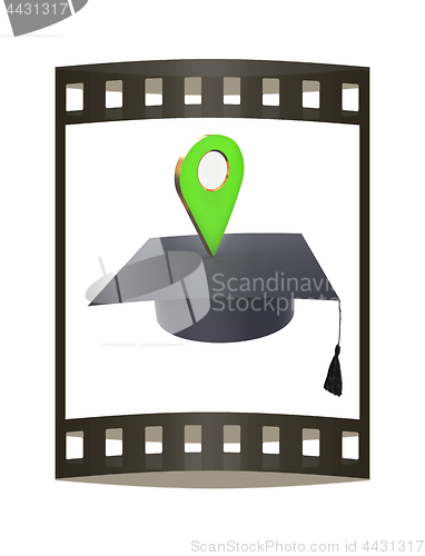 Image of Geo pin with graduation hat on white. School sign, geolocation a