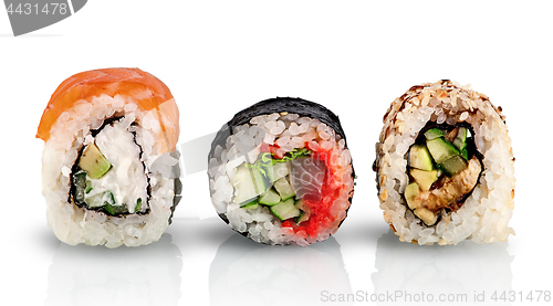 Image of Various sushi rolls in a row