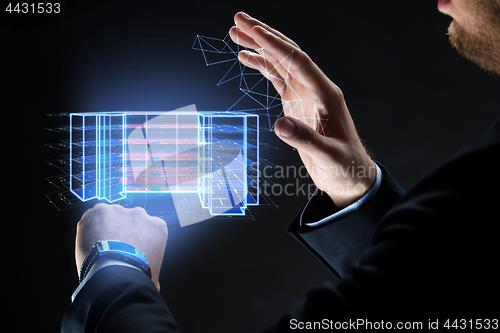 Image of male hands with virtual construction project