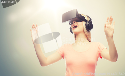 Image of woman in virtual reality headset or 3d glasses