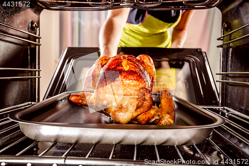 Image of Cooking chicken in the oven at home.