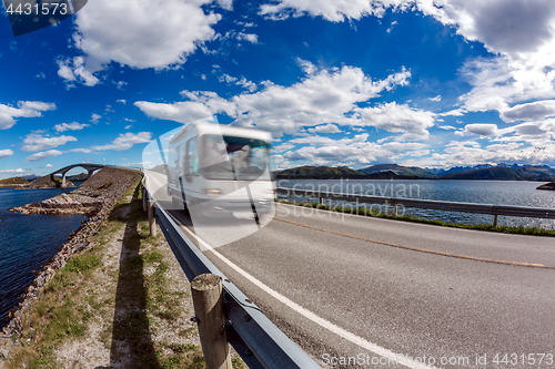 Image of Norway. Caravan car travels on the highway.