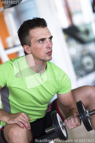 Image of handsome man working out with dumbbells