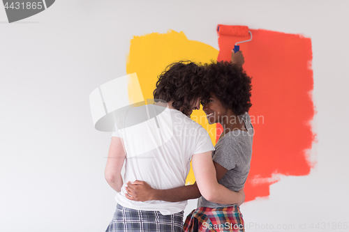 Image of multiethnic couple painting interior wall