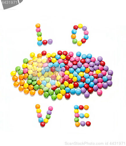 Image of Word ''Love'' and bright colorful candy