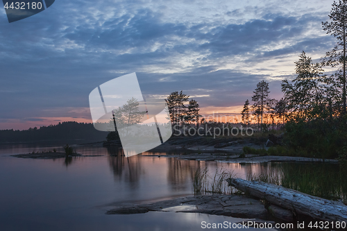 Image of Summer Northern Night Over The Rocky Shore Of The Lake