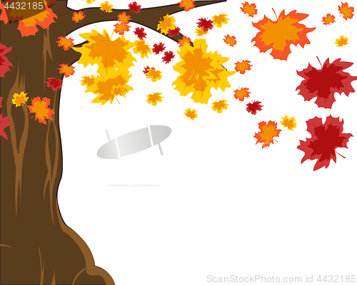 Image of Autumn tree and falling foliage on white background