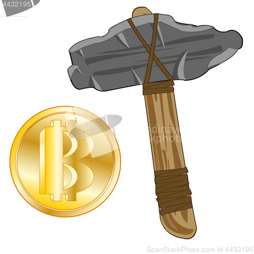 Image of Stone axe and virtual money bitcoin.Vector illustration