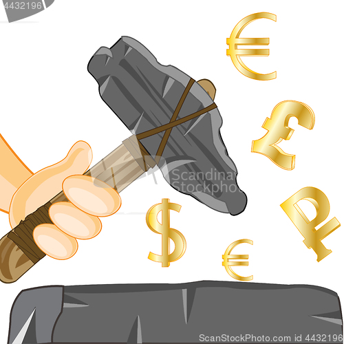 Image of Stone axe in hand and money signs